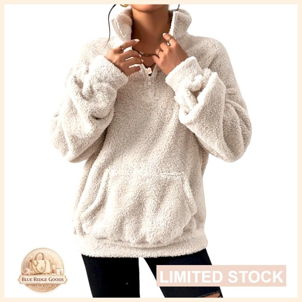 Sherpa Fleece Quarter Zip Pullover Oversized Cozy Kangaroo Pocket Long Sleeve